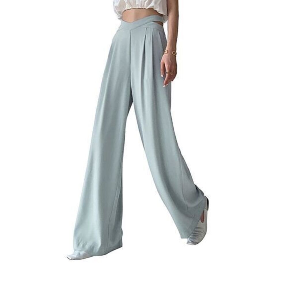 Commense Pleated High Rise Waist Hollow Out Wide Leg‎ Straight Pant Blue Size S